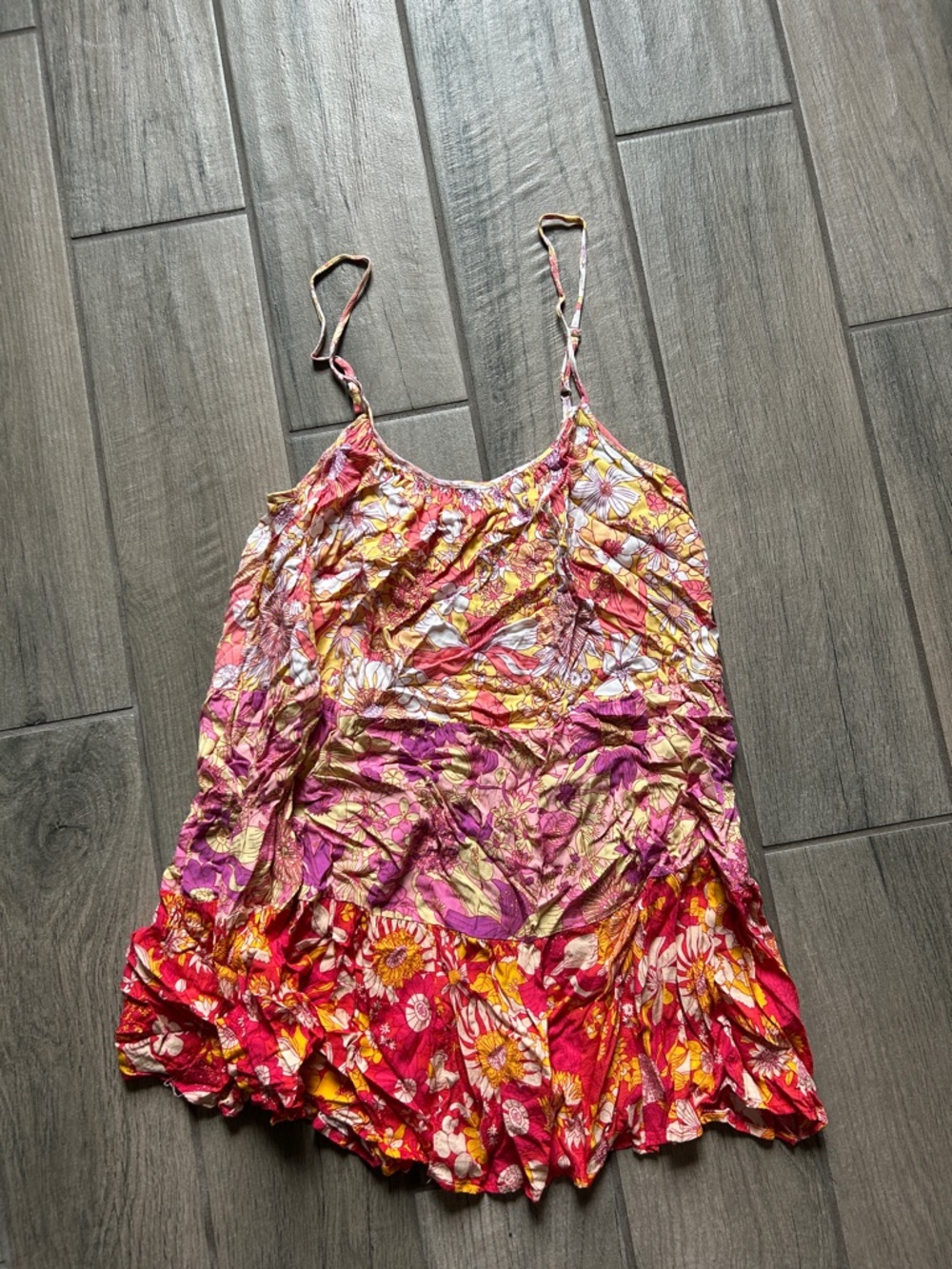 Millibon Pink & Yellow Floral Crinkle Spaghetti Strap Mini Dress